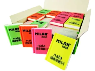 Milan Nata 2036 Goma de Borrar Rectangular - Plastico - Suave - Diseño Libro - Colores Fluorescentes Surtidos · Pack de 36 uds.