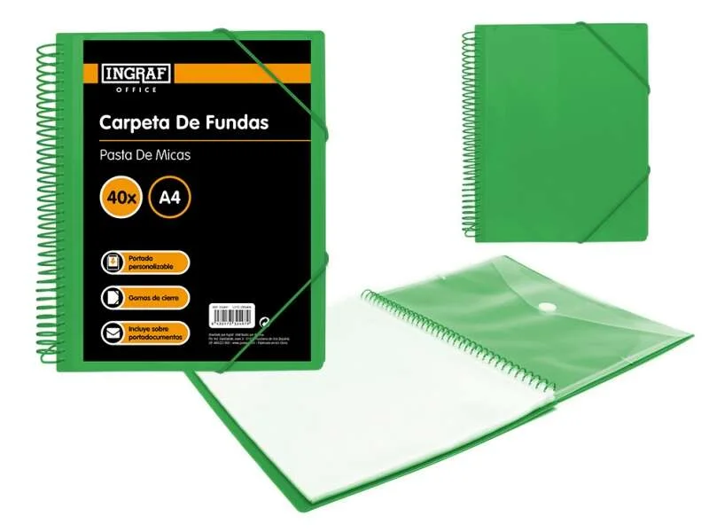 Ingraf Carpeta 40 Fundas A4 + Sobre con Broche - Espiral Plastica Indeformable - Apertura 360 Grados - Portada Personalizable - Color Verde