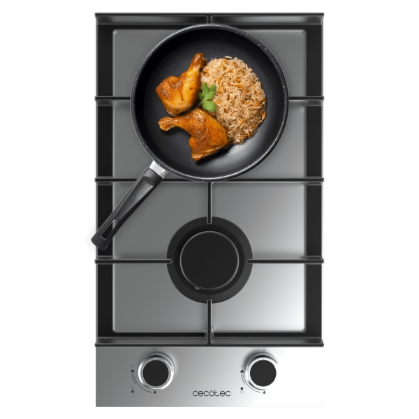 Cecotec Bolero Squad G 2400F Inox Cocina de Gas Encastrable - 2 Quemadores - Acero Inoxidable - 5.2kW - Parrillas de Hierro Fundido - Wok de Triple Corona - Color Acero