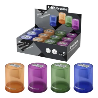 ErichKrause Ferro Container Plus Expositor con 12 Sacapuntas con Contenedor - Metalico - 2 Orificios de 8 y 11mm - Cuchilla Niquelada de Acero al Carbono - Colores Surtidos