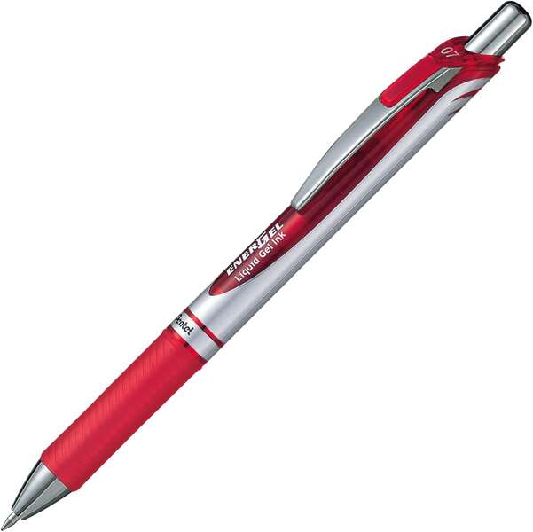 Pentel Energel Boligrafo de Bola Retractil Tinta Gel - Punta 0.7mm - Trazo 0.35mm - Recargable - Grip de Agarre - Clip de Metal - 54% de Materiales Reciclados - Color Rojo · Pack de 12 uds.