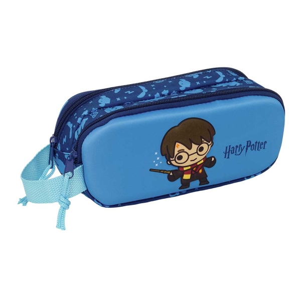Safta Harry Potter Portatodo 3D - 2 Compartimentos con Cremallera - Asa Lateral - Capacidad 1L - 21x8x6cm - Color Azul
