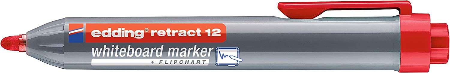 Edding Retract 12 Rotulador para Pizarra Blanca Retractil - Punta Redonda - Trazo entre 1.5 y 3mm - Recargable - Secado Rapido - Color Rojo · Pack de 10 uds.