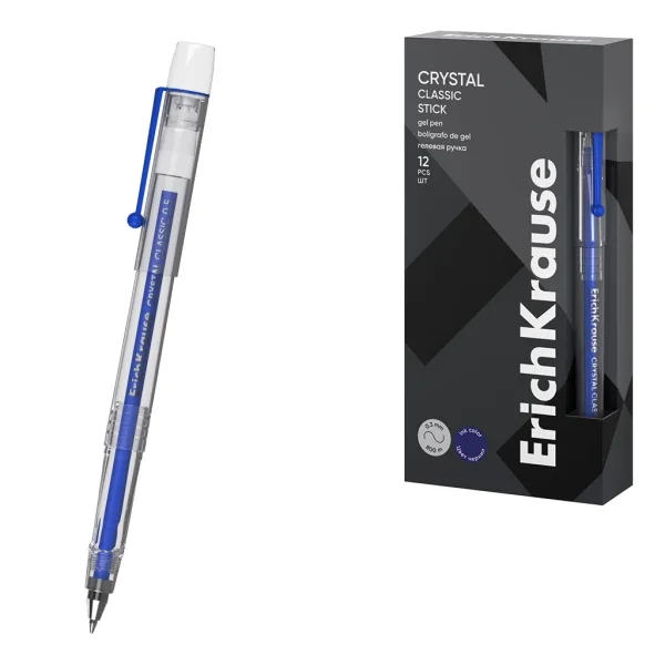 ErichKrause Crystal Stick Classic Boligrafo con Capuchon - Punta de 0.5mm - Trazo 0.4mm - Tinta de Gel - Resistente al Agua - Secado Rapido - Color Azul · Pack de 12 uds.