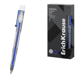 ErichKrause Crystal Stick Classic Boligrafo con Capuchon - Punta de 0.5mm - Trazo 0.4mm - Tinta de Gel - Resistente al Agua - Secado Rapido - Color Azul · Pack de 12 uds.