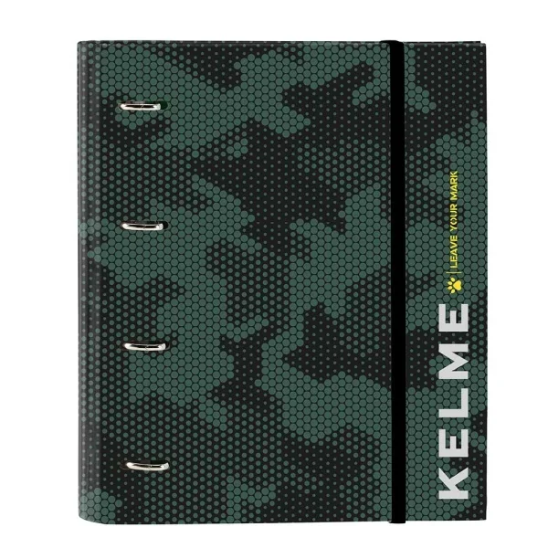 Safta Kelme Camo Carpeta con 4 Anillas 35mm - Tapas Duras Forradas - Recambio 100 Hojas - Cuadriculas 5x5mm - Cierre Elastico - Separadores Internos - 270x35x320mm - Color Verde Camuflaje