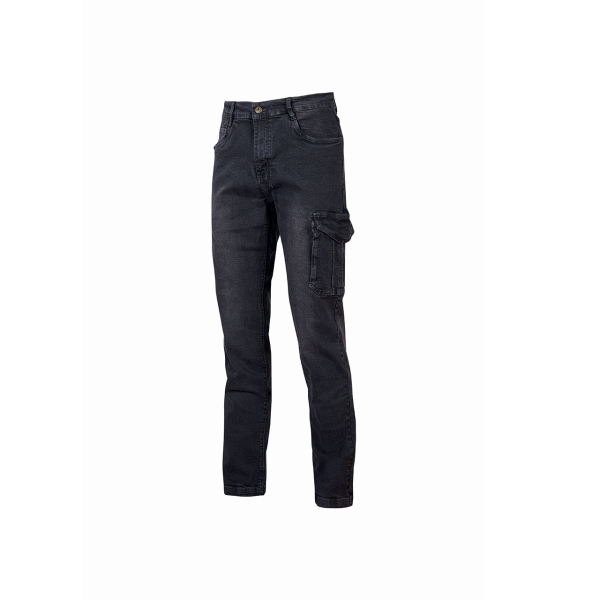 Upower Tommi Vaqueros Cargo de Trabajo - Talla 28 - Tejido Elastico, Bolsillos Laterales con Botones, Proteccion DPI1, Ajuste Regular - Color Negro Carbon
