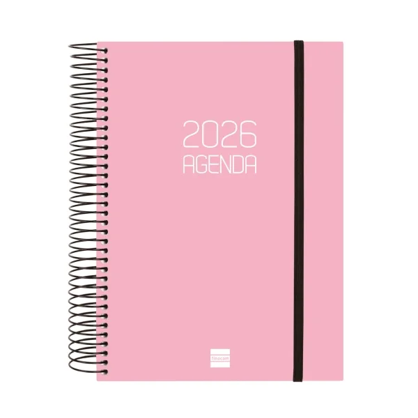 Finocam Opaque Agenda de Espiral en Catalan - Anual 2026 - Tapa Ligera - Cierre con Goma Elastica - Formato E10 - 175x29x212mm - 1 Dia por Pagina - Color Rosa