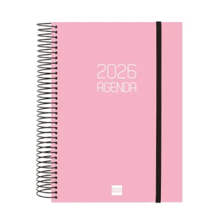 Finocam Opaque Agenda de Espiral en Catalan - Anual 2026 - Tapa Ligera - Cierre con Goma Elastica - Formato E10 - 175x29x212mm - 1 Dia por Pagina - Color Rosa
