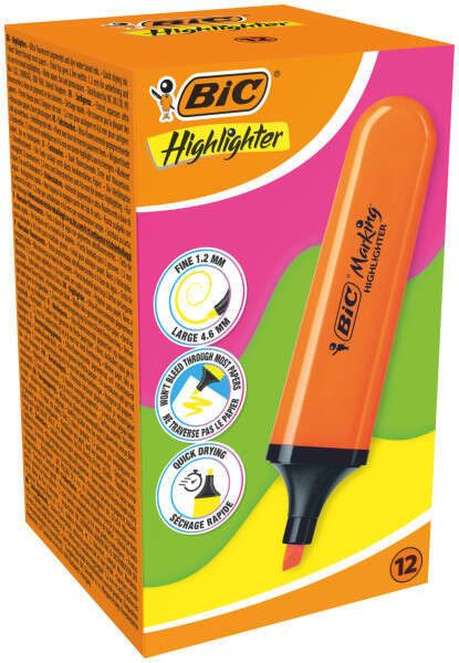 Bic Marking Highlighter Flat Marcador Fluorescente - Punta Biselada - Trazo entre 1.70 y 4.80 mm - Tinta con Base de Agua - Color Naranja · Pack de 12 uds.