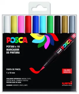 Posca PCF-350/10C Estuche de 10 Marcadores de Pintura Base al Agua - Punta Acrilica Estilo Pincel - No Permanente - Resistente a la Luz - Inodoro - Ideal para Carteleria y Decoracion - Color