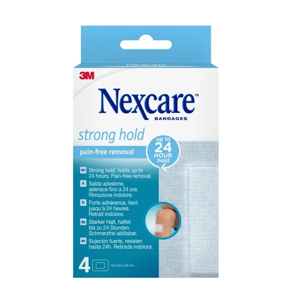 Nexcare Strong Hold Pack de 4 Apositos para Heridas - 76.2x101mm - Retirada Sin Dolor - Transpirables - Reposicionables - Color Blanco