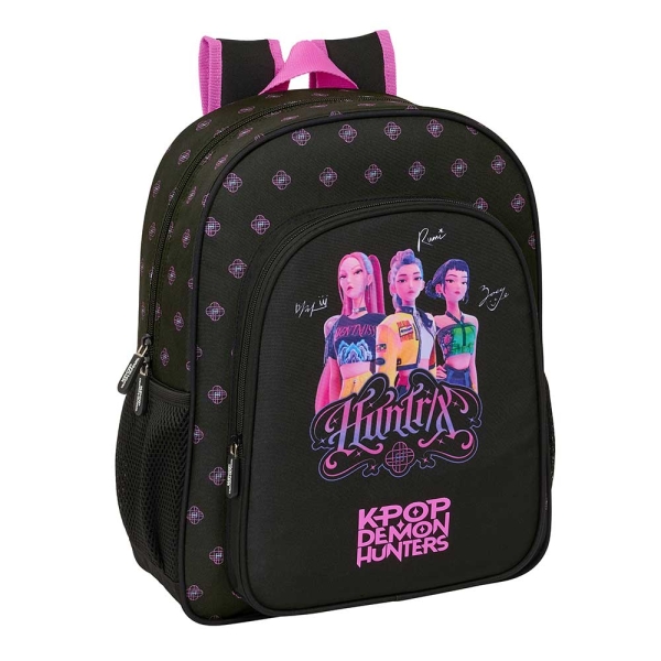 Safta K-Pop Demon Hunters Mochila - 15L - Adaptable a Carro - Bolsillo Frontal - Portabotellas - Cremallera con Doble Tirador - Asa - Hombreras y Espalda Acolchada - 32x38x12cm - Color Negro y Rosa