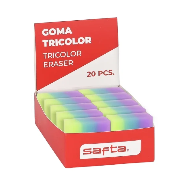 Safta Expositor con 20 Gomas - PVC - Borrado Limpio - Suave al Tacto - Tricolor