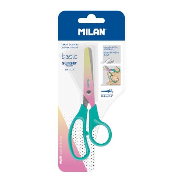 Milan Basic Sunset Tijeras de 13.4cm - Mango Ergonomico - Punta Redondeada - Hoja de Acero Inoxidable - Color Turquesa