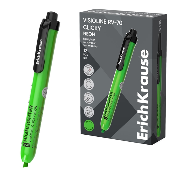 ErichKrause Visioline RV-70 Clicky Neon Marcador Fluorescente - Retractil - Punta Biselada - Trazo de 1.0mm a 3.5mm - Color Verde · Pack de 12 uds.