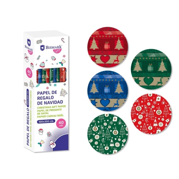 Bismark Navidad Metalizado Rollo de Papel Regalo - Medidas 100cmx300cm - 5 Diseños Diferentes · Pack de 40 uds.