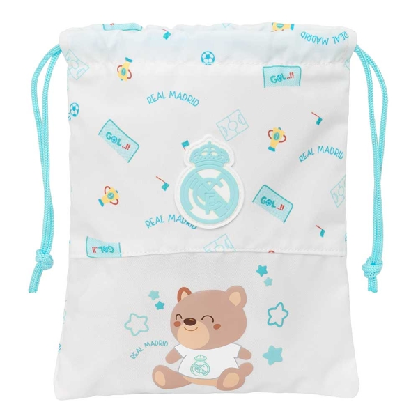 Safta Real Madrid Preescolar Saquito para Merienda - Cierre con Cordon - Compacto - 20x25cm - Color Blanco