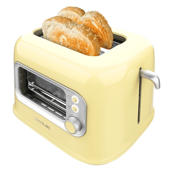 Cecotec RetroVision Tostadora de Doble Ranura Extra Ancha - 700W - Ventana de Cristal - Estilo Retro - Cubierta Antipolvo - Apagado y Pop-Up Automatico - 5 Niveles de Tostado - Color Amarill