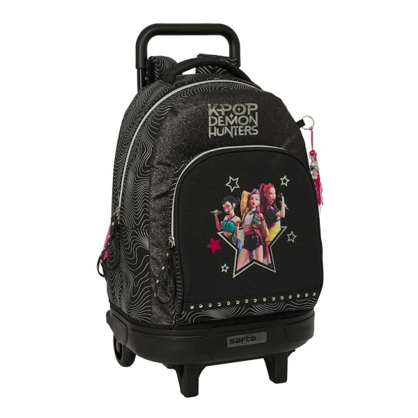 Safta K-Pop Demon Hunters Energy Mochila con Carro - Extraible - 33L - Portabotellas - Tarjeta de Identificacion Personal - Doble Tirador - Asa - Bolsillo Frontal - 33x45x22cm - Color Negro y Rosa