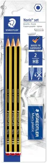 Staedtler Noris 120 Pack de 3 Lapices de Grafito Hexagonales 2HB + 1 Gomas de Borrar Mars Plastic - Madera de Bosques Sostenibles