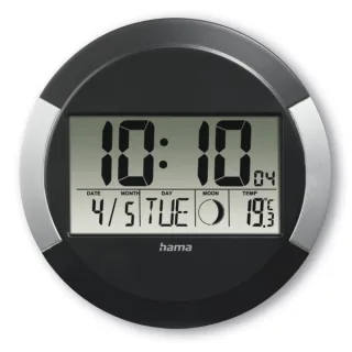 Hama Ischia Reloj de Pared Digital - Termometro - Visualizacion de Fases Lunares - Zona Horaria Ajustable - Radio - 24.5x1.5cm - Color Negro y Plata