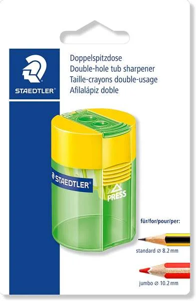 Staedtler 512 Sacapuntas de Plástico Doble Uso - Angulo de Afilado 23º y 30º - 2 Agujeros - Deposito - Colores Surtidos