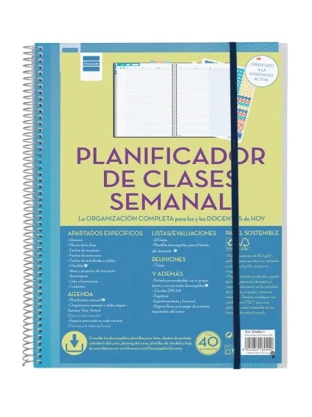Finocam Organizacion Planificador de Clases sin Fechar para Docentes - Semana Vista Vertical - 230x310mm - Tapas de Polipropileno - Papel de 80g/m2 - Espiral Metalica - Color Azul