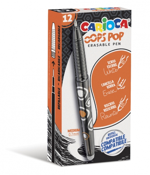 Carioca Oops Pop Boligrafos Borrables - Termo Sensible - Empuñadura Texturizada - Punta de Ø 0.7mm - Doble Goma - Recambios Compatibles - Color Negro · Pack de 12 uds.
