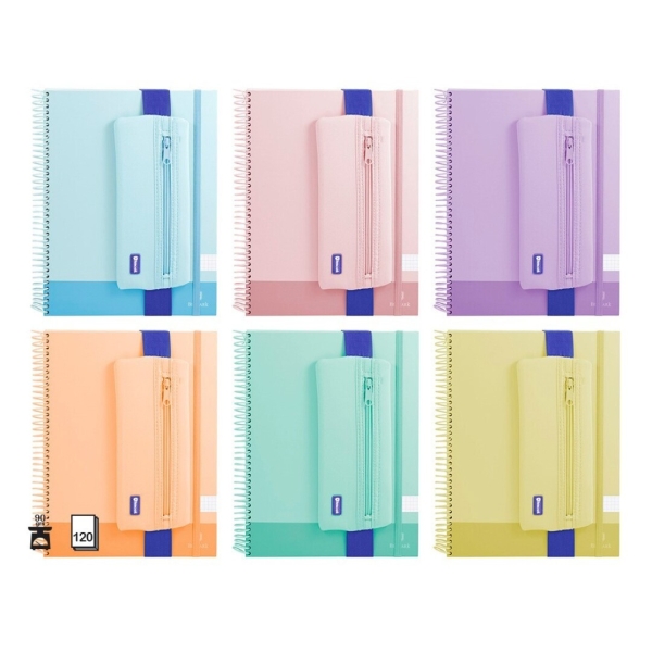 Bismark Pack de Cuaderno Espiral A4 120 Hojas 90grs Cuadricula 5x5 + Portatodo de Neopreno - Hojas Microperforadas - Colores Pastel Surtidos · Pack de 6 uds.