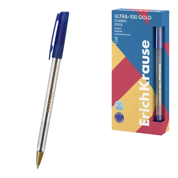 ErichKrause ULTRA-100 Gold Stick Classic Boligrafo con Capuchon - Punta de Aguja 0.5mm - Cuerpo Transparente - Trazo 0.25mm - Tinta de Baja Viscosidad - Color Azul · Pack de 12 uds.