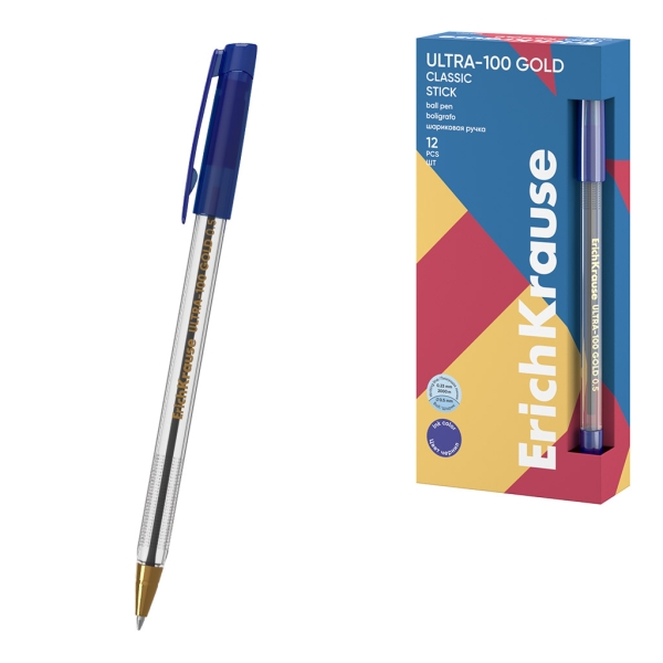 ErichKrause ULTRA-100 Gold Stick Classic Boligrafo con Capuchon - Punta de Aguja 0.5mm - Cuerpo Transparente - Trazo 0.25mm - Tinta de Baja Viscosidad - Color Azul · Pack de 12 uds.