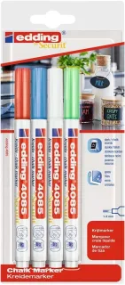 Edding 4085 Basicos Pack de 4 Rotuladores de Tiza Liquida - Punta Redonda - Trazo 1-3mm - Olor Neutro - Colores Blanco, Azul, Verde y Rojo