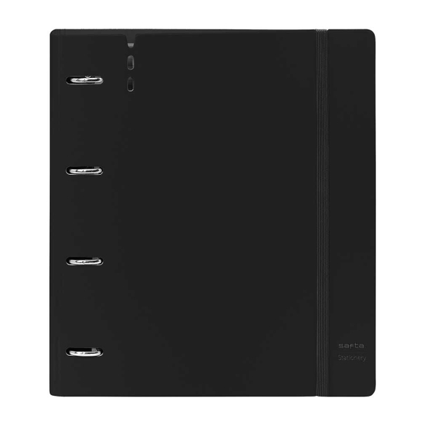 Safta Carpeta con 4 Anillas 35mm - Tapas de PP Foam - Recambio 100 Hojas - Cierre Elastico - Ranura para Boligrafo - Separadores Internos - 270x40x320mm - Color Negro