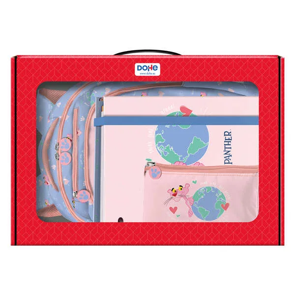 Dohe Pack Mochila, Carpeta y Portatodo Pink Panther - Maletin Regalo 365x515x105mm - Carpeta A4 Recambio - Mochila 3 Compartimentos Grande - Portatodo Triple