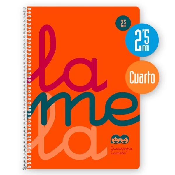 Lamela Cuaderno Espiral con 80 Hojas de 90g/m2 con Margen - Formato Cuarto - Pauta Cuadrovia de 2.5mm - Cubierta Extra Dura - Papel Offset Blanco Extra - Color Naranja