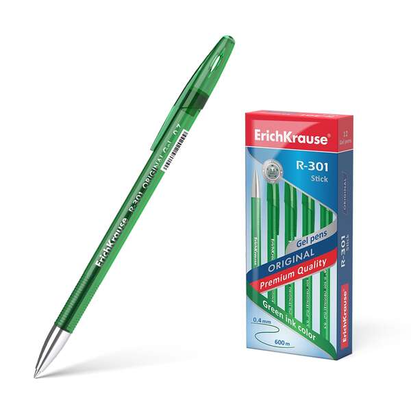 Erichkrause R-301 Original Boligrafo de Tinta de Gel - Punta 0.5mm - Trazo 0.4mm - Cuerpo Translucido Tintado - Grip Perfilado Comodo - Secado Rapido - Color Verde · Pack de 12 uds.