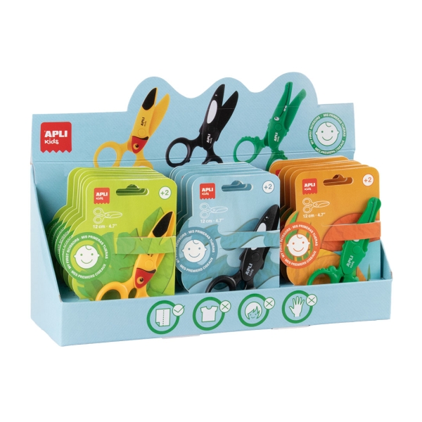 Apli Kids Expositor con 18 Tijeras Preescolares 12cm - Sistema de Seguridad que Evita Cortes en la Piel, el Pelo o la Ropa - Con Formas de Animales - Diseños Tucan, Cocodrilo y Orca
