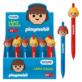 Dohe Playmobil Expositor de 24 Lapices Infinitos - Grip de Caucho - Se Borra Facilmente - Decorados con Motivos de los Muñecos Playmobil