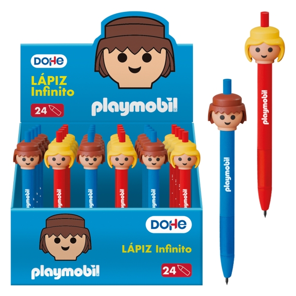 Dohe Playmobil Expositor de 24 Lapices Infinitos - Grip de Caucho - Se Borra Facilmente - Decorados con Motivos de los Muñecos Playmobil