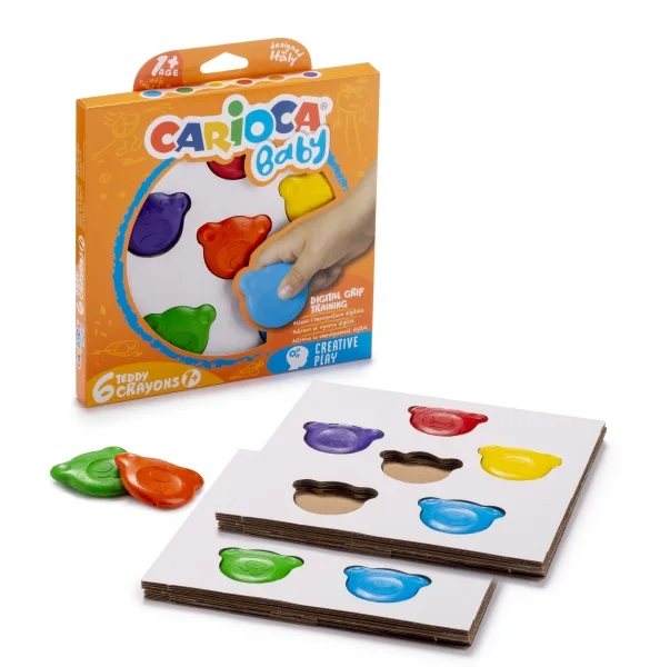 Carioca Teddy Crayons Pack de 6 Ceras de Colores - Certificadas a Partir de 12 Meses - Diseñadas para Entrenar el Agarre Digital - Color Varios