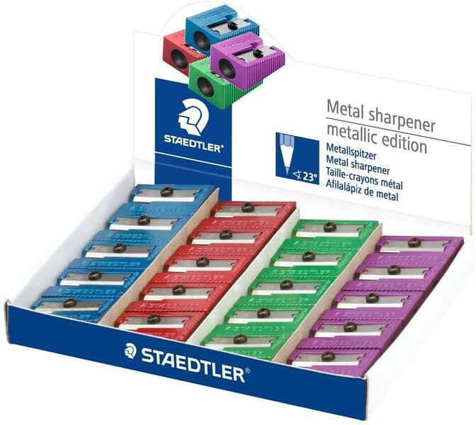 Staedtler Sacapuntas Metalico con Cuchilla de Metal - Angulo de Afilado de 23° - 1 Agujero - Colores Surtidos · Pack de 20 uds.
