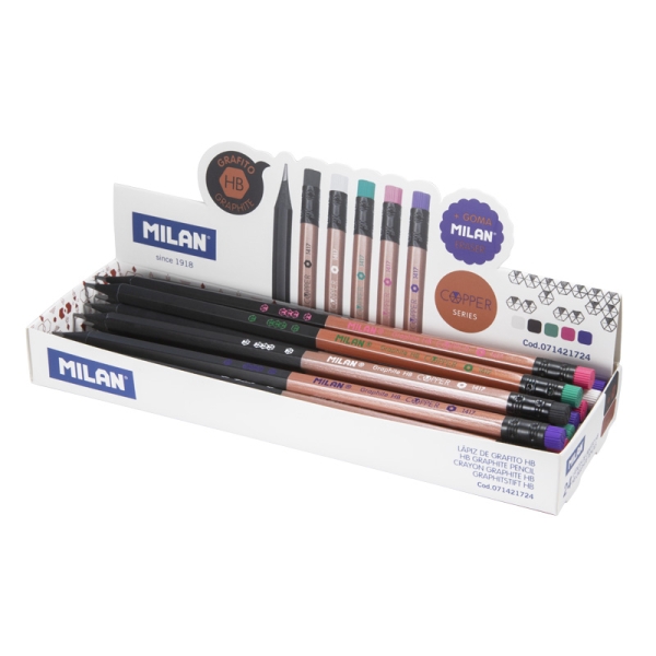 Milan Copper Expositor con 24 Lapices de Grafito HB - con Goma - Colores Surtidos