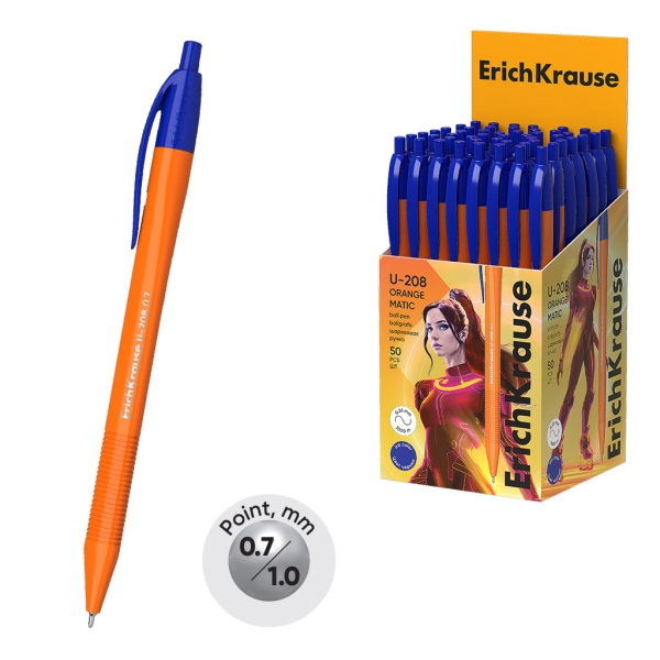 ErichKrause U-208 Matic Orange Boligrafo Retractil - Punta de 0.7mm - Cuerpo Opaco Naranja - Trazo 0.26mm - Color Azul · Pack de 50 uds.