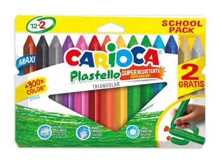 Carioca Plastello Maxi Pack de 12+2 Plasticeras Triangulares - Brillantes y Lavables - Colores Surtidos