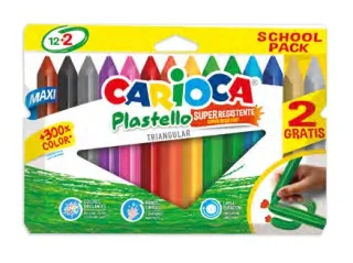 Carioca Plastello Maxi Pack de 12+2 Plasticeras Triangulares - Brillantes y Lavables - Colores Surtidos