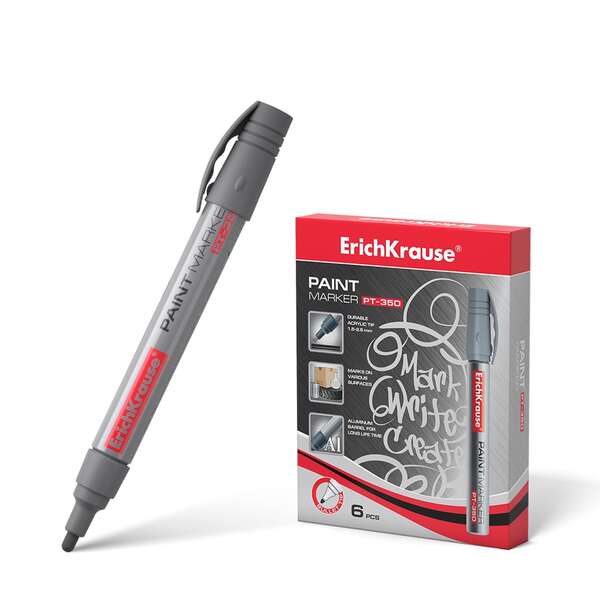 Erichkrause PT-350 Marcador de Pintura - Punta en Forma de Bala - Trazo de 1.5-2.5mm - Sistema de Suministro de Tinta de Valvula - Cuerpo de Aluminio Resistente - Color Plata · Pack de 6 uds