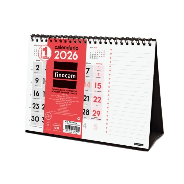 Finocam Calendario de Sobremesa - Anual 2026 - Espacio para Notas - 210x70x160mm - Numeros Grandes - Color Blanco y Rojo