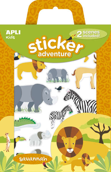 Apli Pack de 34 Pegatinas con Tematica Animales de la Sabana - Incluye 2 Escenarios 45x20cm y 34 Pegatinas - Ideal para Crear Historias y Aventuras · Pack de 2 uds.