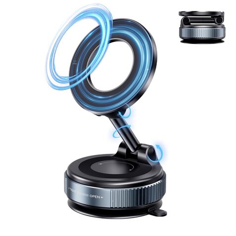 XO C169 Soporte Magnetico de Coche para Smartphones - Fijacion por Vacio - Rotacion 360º - Brazo Extensible - Multisuperficie - Boton de Liberacion - Aro Metalico Incluido - Color Negro